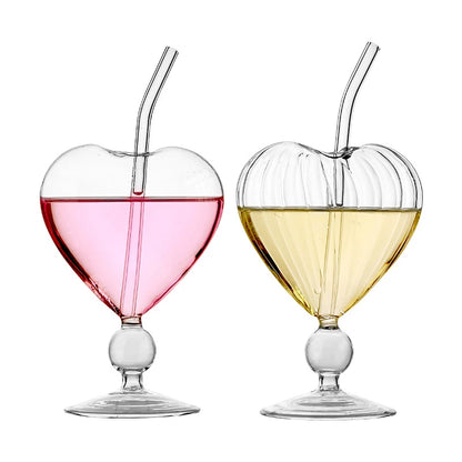 Heart-Shaped Glass Cup with Straw – 220ml Crystal Juice & Wine Glass