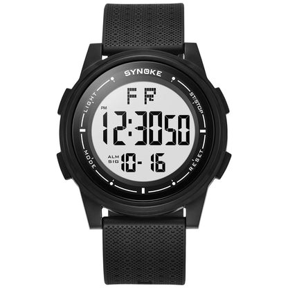 Black digital watch with white display on a white background