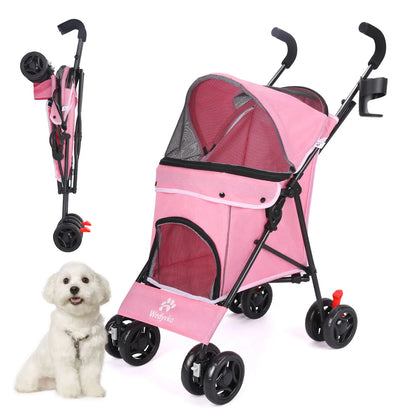 Pink pet stroller with a small white dog sitting next to it on a white background