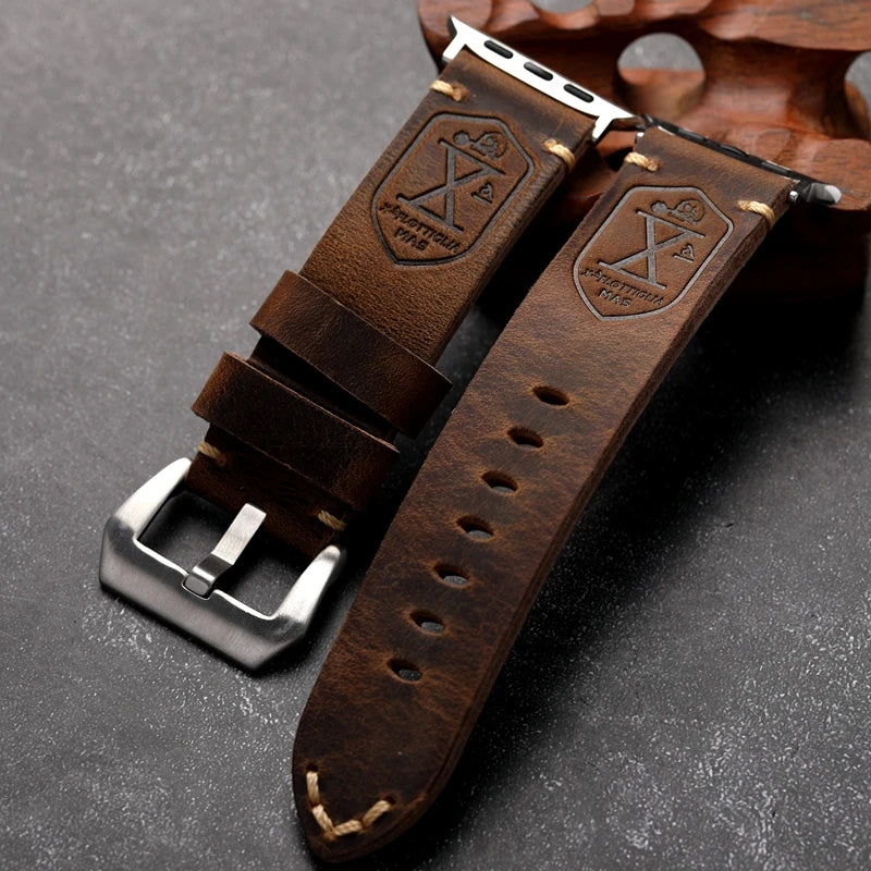 Handmade Vintage Crazy Horse Leather Bracelet 40MM 44MM 45MM 49MM Fits Apple Watch S8 Ultra Folded Thick Brown Strap