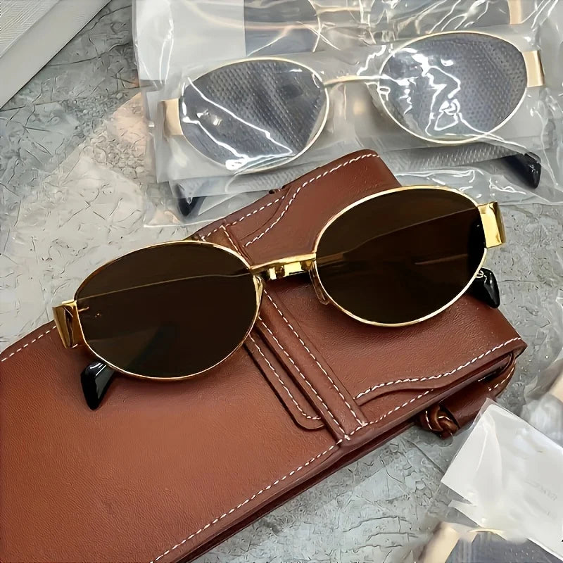 Metallic high-end full-sided oval-shaped sunglasses, a retro, simple and fashionable daily wear item