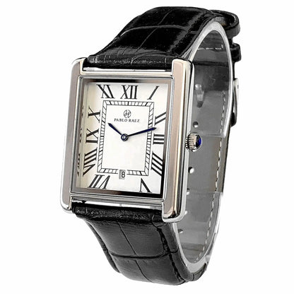 Black wristwatch with a square white face displaying Roman numerals on a white background