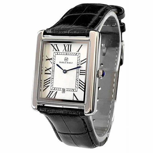 Black wristwatch with a square white face displaying Roman numerals on a white background