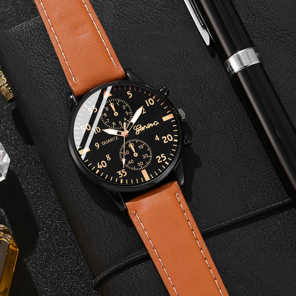 Watch with brown leather strap and black dial on a dark textured surface