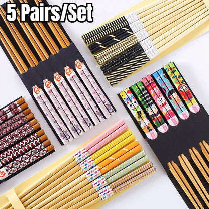 5-Pair Cute Multi-Color Bamboo Chopsticks Set – Non-Slip Household Wooden Tableware