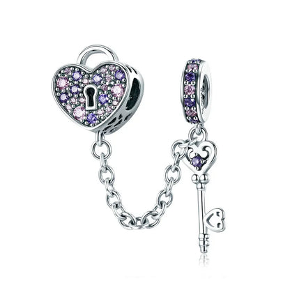 925 Sterling Silver Safety Chain Charm – Heart, Key & Flower CZ Stopper Bead