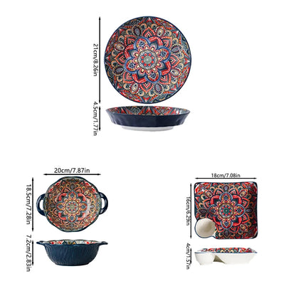 Bohemian Ceramic Tableware Set – Unique Floral Pattern Serving Plate for Home, Camping & Restaurant