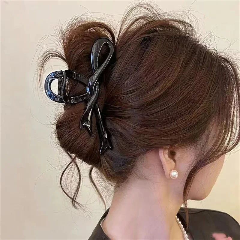 13cm Acrylic Ribbon Bow Hair Claw Clip – Glossy Shark Ponytail Barrette for Women