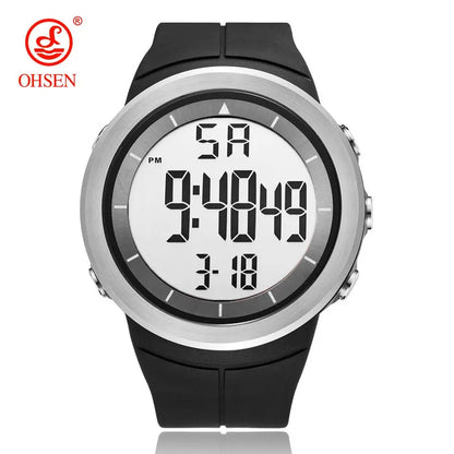 Digital watch with black strap and white display on a white background, featuring the brand 'OHSEN'.