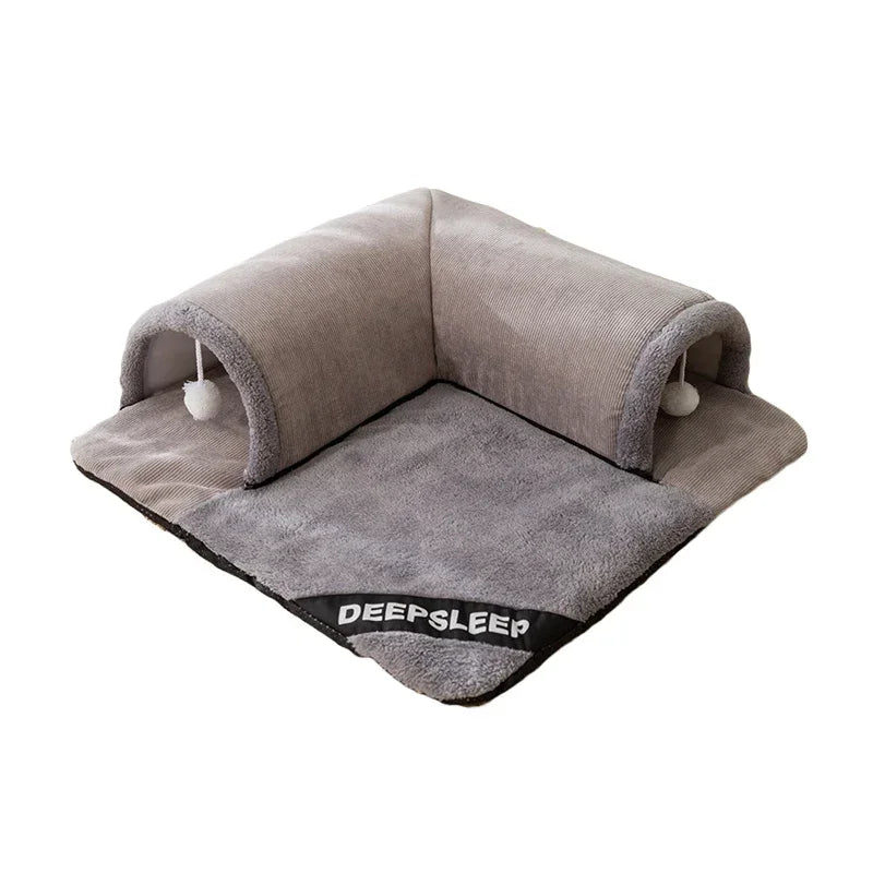 2-in-1 Cat Tunnel & Bed - Detachable Warm House with Non-Slip Play Mat