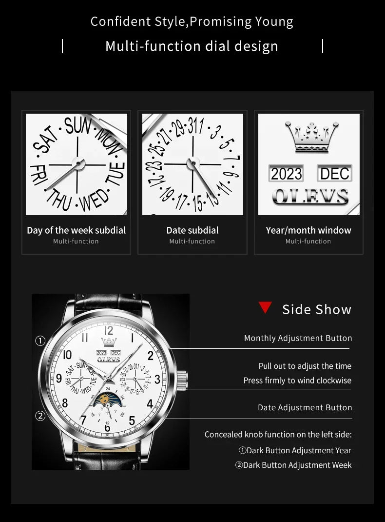 Olevs 6698 automatic watch luxury leather strap calendar waterproof luminous moon phase mechanical watch men