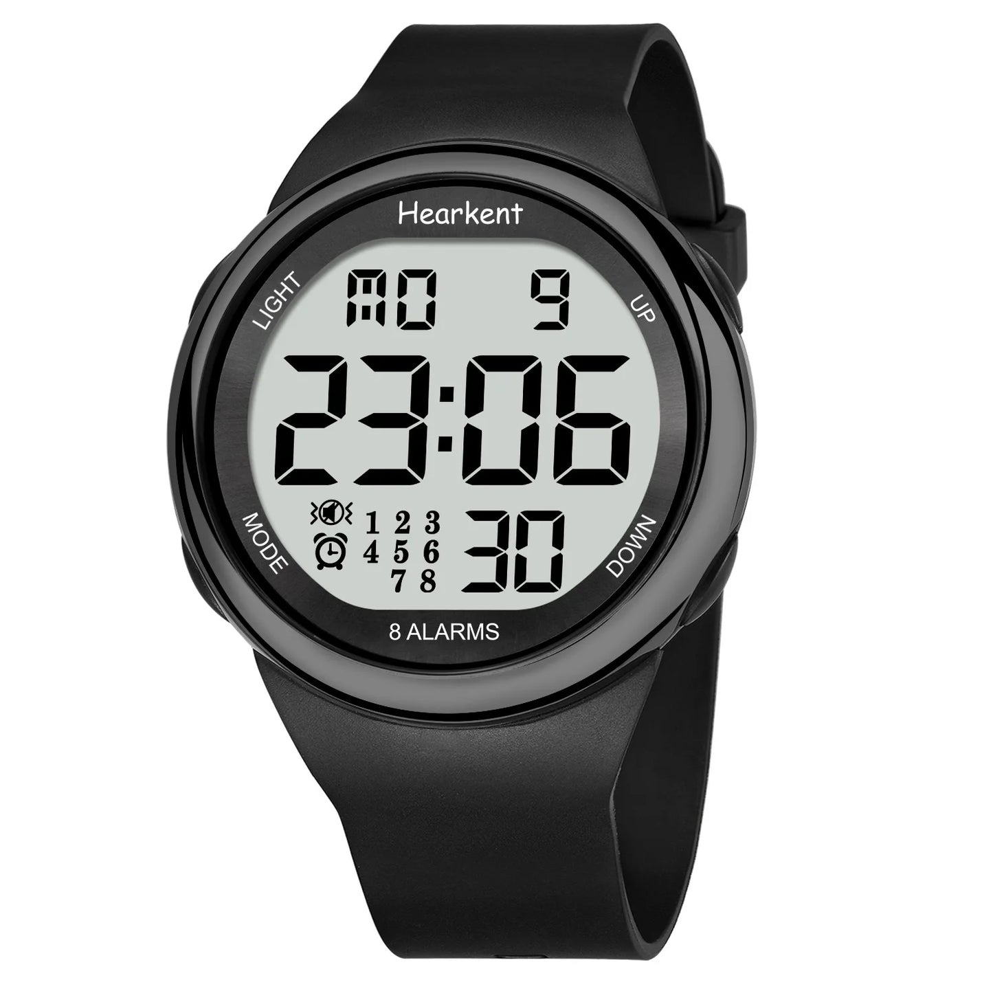 Black digital watch with a white background