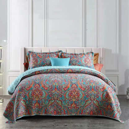 100% Cotton Quilted Bedspread – Rural Retro Bed Cover with Pillowcases for Queen & King Size