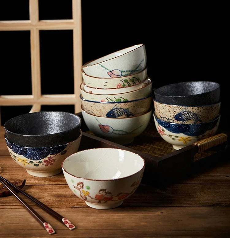4.5-inch Ceramic Household Rice Bowl Japanese Retro Restaurant Home Tableware Eating Dishes Soup Bowl