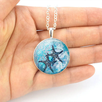 Ocean Marine Animal Glass Dome Pendant Necklace – Sea Turtle, Dolphin & Starfish Long Chain