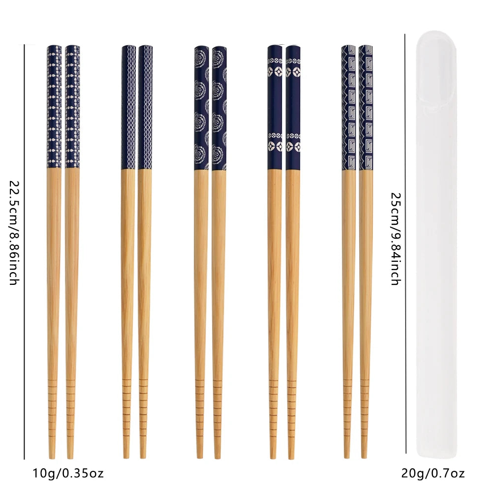 Anti-skid Handmade Bamboo 1Set Portable Reusable Japanese Style Natural Wood Chopsticks Food Blue Wooden Chopsticks Set