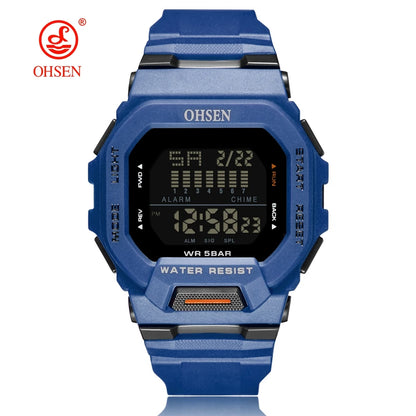 Blue digital watch with black display on a white background, featuring the OHSEN brand.