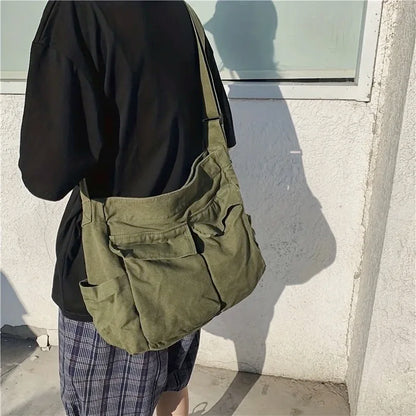 Workwear Canvas Shoulder Bag Large Capacity Retro Messenger Bag New Student Class Messenger Bag - BeeTrendyShop.COM