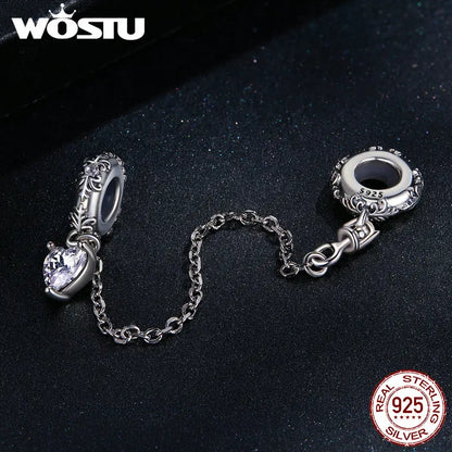 925 Sterling Silver Safety Chain Charm – Heart, Key & Flower CZ Stopper Bead