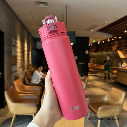 Thermal Water Bottle with Straw 600/750ML – Stainless Steel Hot & Cold Mug