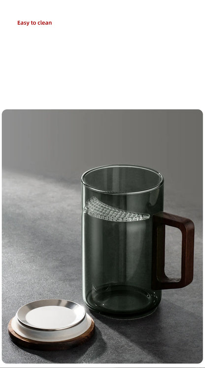 Glass Coffee Mug with Wooden Handle – Transparent Tea Cup Kitchen Coffeeware