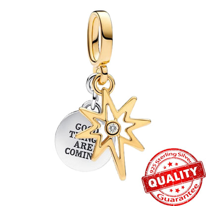 925 Sterling Silver Sunflower & Lucky Stars Charm – Sun Moon Diamond DIY Jewelry