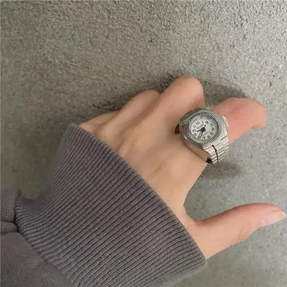 Vintage Punk Finger Watch Mini Elastic Strap Alloy Watches Couple Rings Jewelry Clock Retro Roman Quartz Watch Rings Women Men - BeeTrendyShop.COM