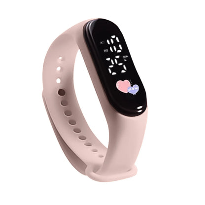 Pink smartwatch with a digital display on a white background