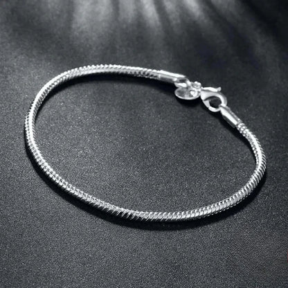 925 Sterling Silver Snake Bone Charm Bracelet – Smooth Handmade Jewelry for Women
