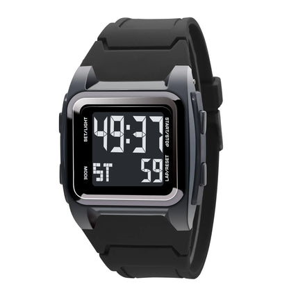 Black digital watch with a white background