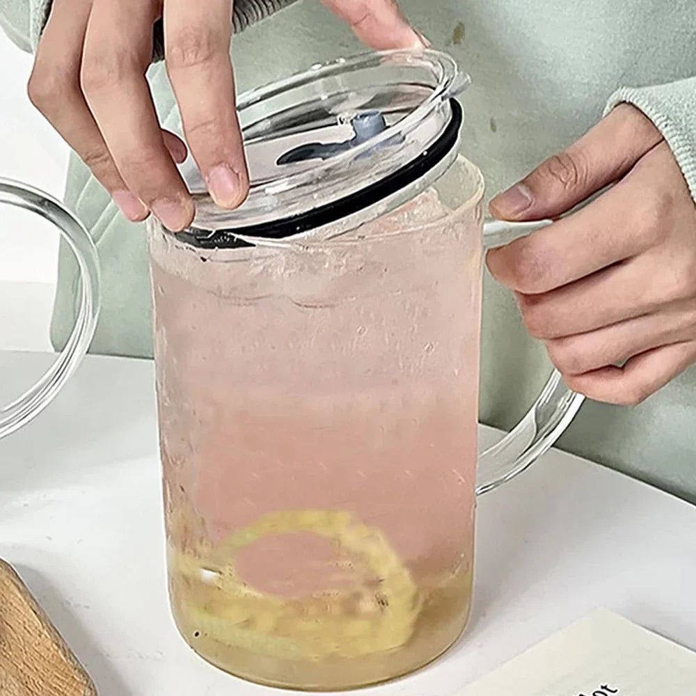 1L Large Glass Cup with Lid & Straw – Iced Coffee Juice Water Mug
