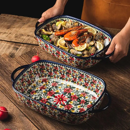 Polish-Style Ceramic Baking Tray – Oven & Microwave-Safe Large Salad & Fruit Cake Rectangular Plate