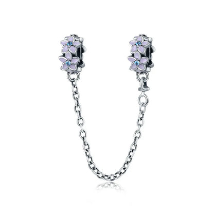 925 Sterling Silver Safety Chain Charm – Heart, Key & Flower CZ Stopper Bead
