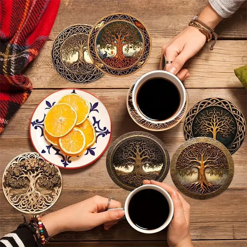 Art-Painted Wooden Coasters Set – 8pcs Colorful Heat-Resistant Non-Slip Table Placemats