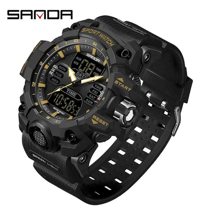 Black and gold sports watch with digital display on a white background