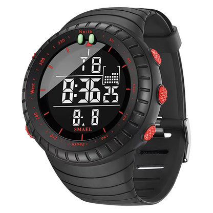 Black digital watch with red accents on a white background