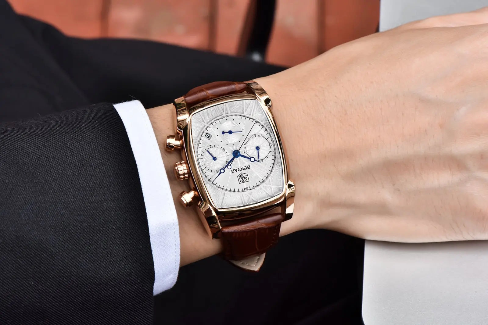 Relogio Masculino Mens Watches Top Luxury Brand BENYAR Chronograph Leather Quartz Watch Men Military Sport Rectangle Wristwatch - BeeTrendyShop.COM