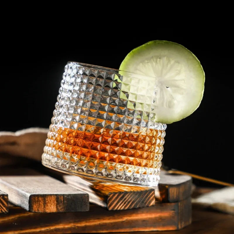 200ML Rotatable Whiskey Glass with Wooden Base – Novelty Old Fashioned Wine Cup