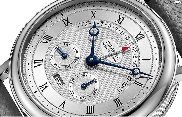 Silver wristwatch with detailed face showing date and day, brand 'FARST' visible.