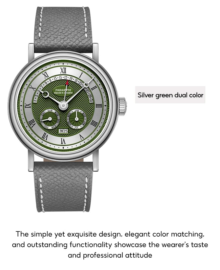 FARASUTE Men's Mechanical Watch Flyback Function Seagull Movement Month Display Week Display Calendar YearDisplay Sapphire Watch