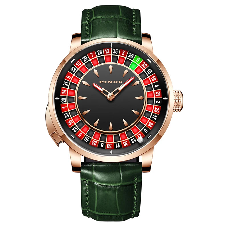 PINDU Players Gambling Series Men's Mechanical Watch European Roulette Poker Game Dial Automatic Movement Design Party Watch