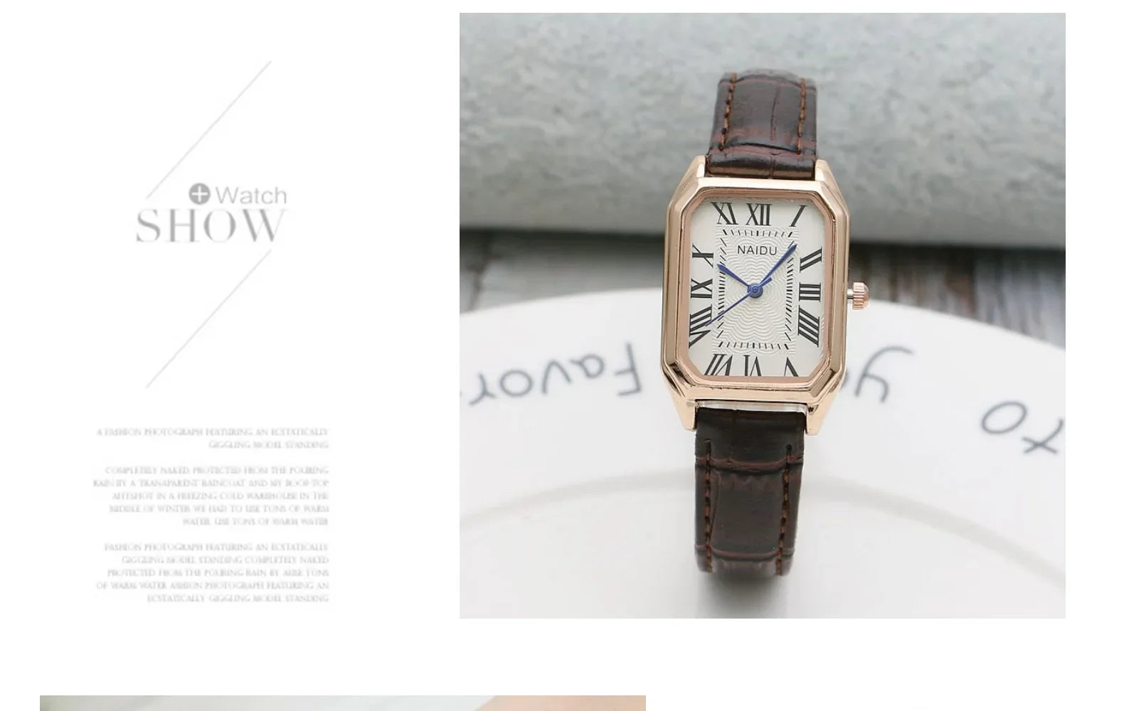 Watch with brown leather strap on a white surface