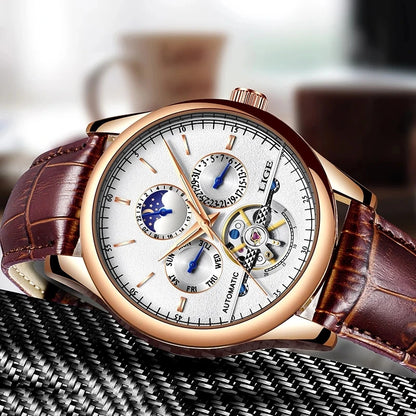LIGE Tourbillon Automatic Mechanical Watch – 50M Waterproof, Date & Week Display