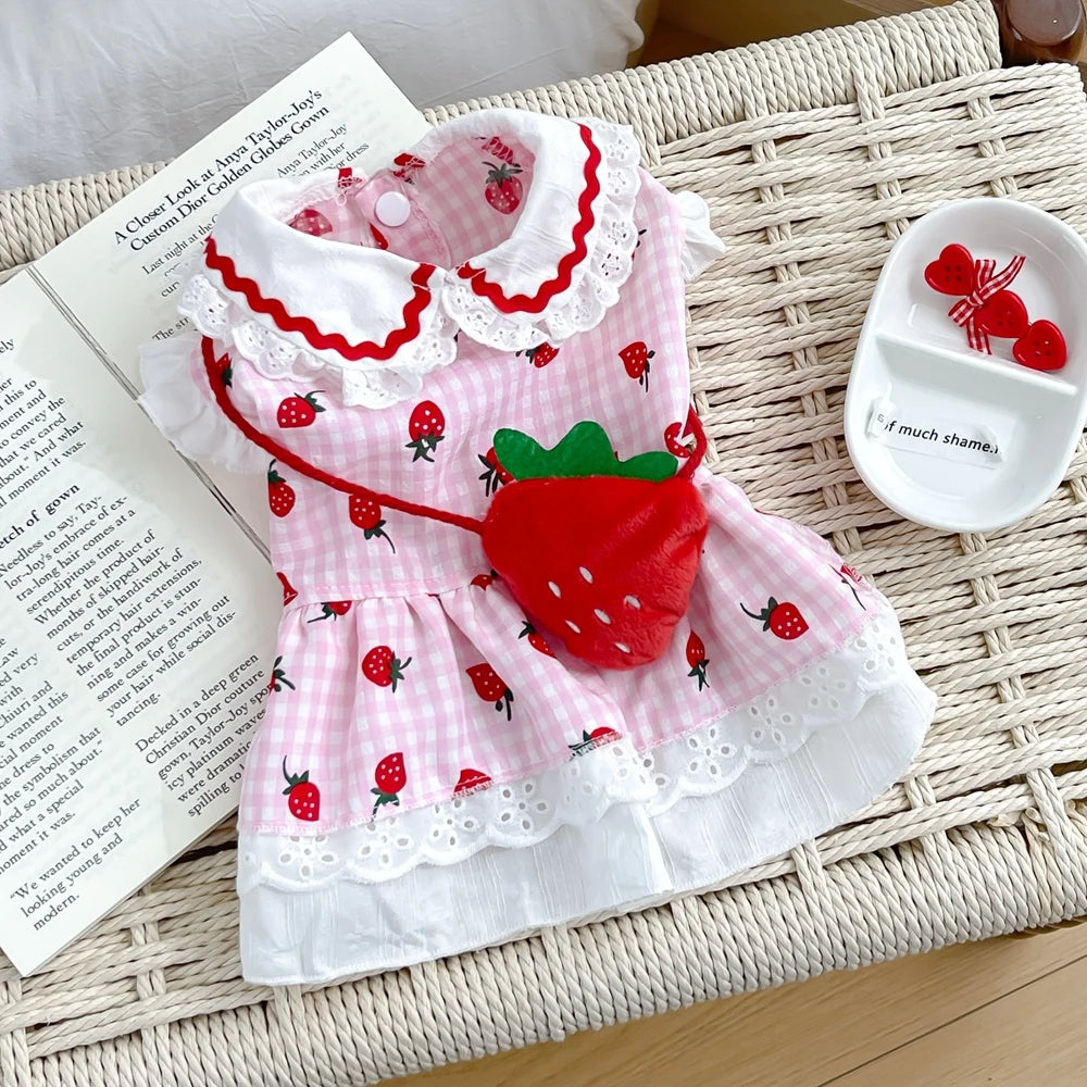 Strawberry Plaid Dog Dress for Small Breeds - Summer Puppy Apparel