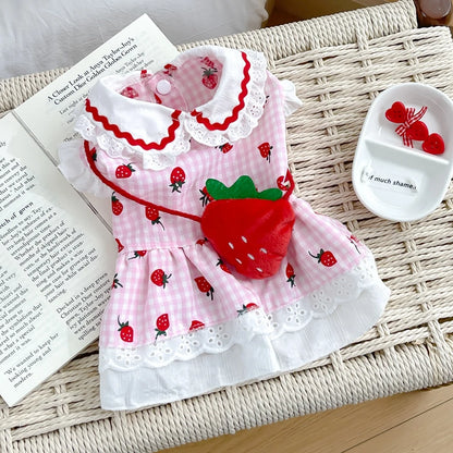 Strawberry Plaid Dog Dress for Small Breeds - Summer Puppy Apparel - BeeTrendyShop.COM
