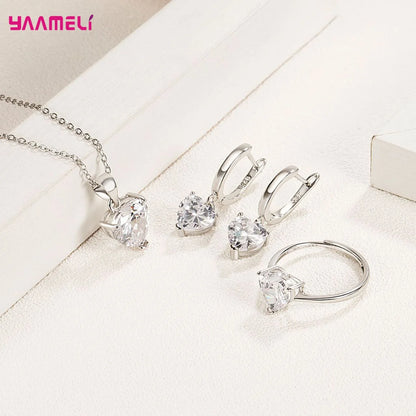 Heart Zircon Jewelry Set – Huggie Earrings, Pendant Necklace & Ring for Women