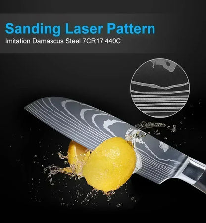 Laser Damascus Kitchen Knife Set – Cleaver, Santoku, Bread, Boning & Kitchen Scissors