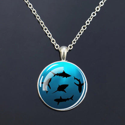 Ocean Marine Animal Glass Dome Pendant Necklace – Sea Turtle, Dolphin & Starfish Long Chain