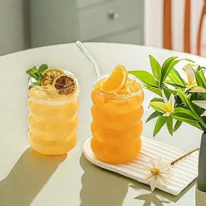 Ribbed Glassware Cups with Straws Set – Cocktail Fruit Coffee Mug Clear Glass