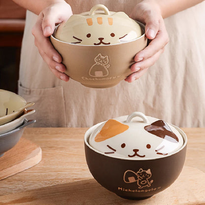 Japanese Cute Cartoon Animal Ceramic Soup Bowl with Lid – Instant Noodle & Rice Bowl Tableware